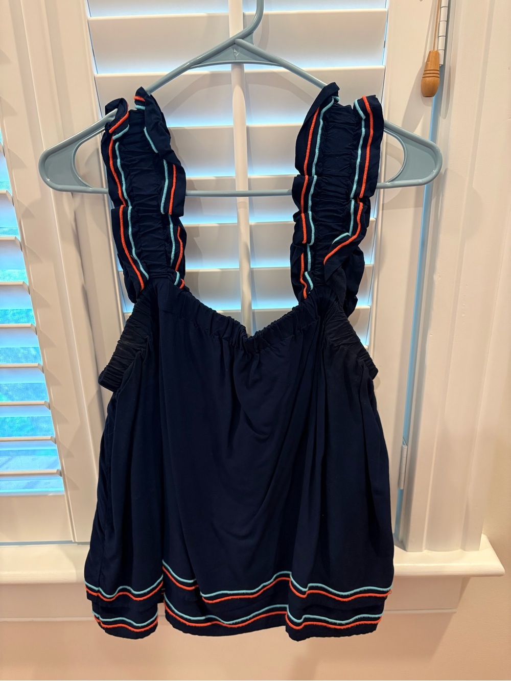 crown & ivy Navy Ruffled Tank Top with Multicolor Trim